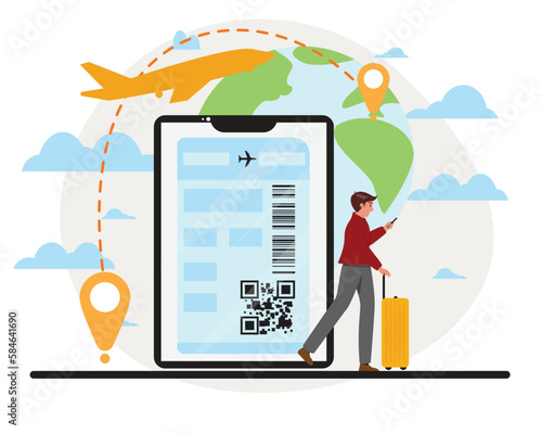 Flat cartoon illustration of a running man trying to get in time for boarding. Travel, destination, vacation, business concept illustration.