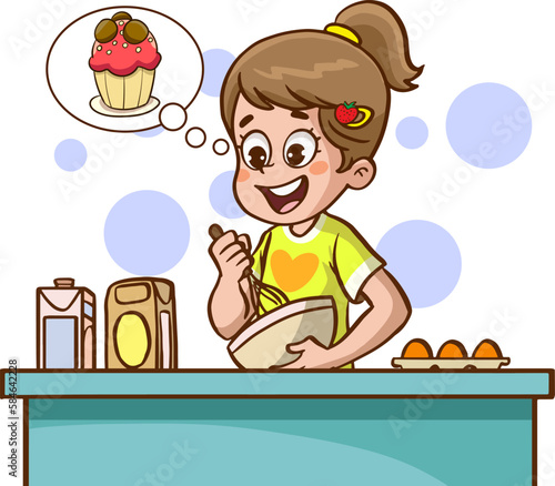 girl making cake in the kitchen cartoon vector
