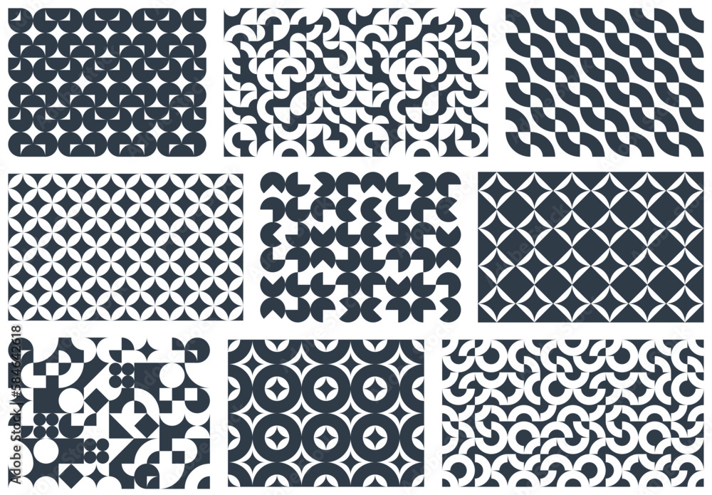 Seamless geometric patterns set, abstract vector backgrounds for wallpaper or websites or wrapping paper print created with black and white elements of geometry.