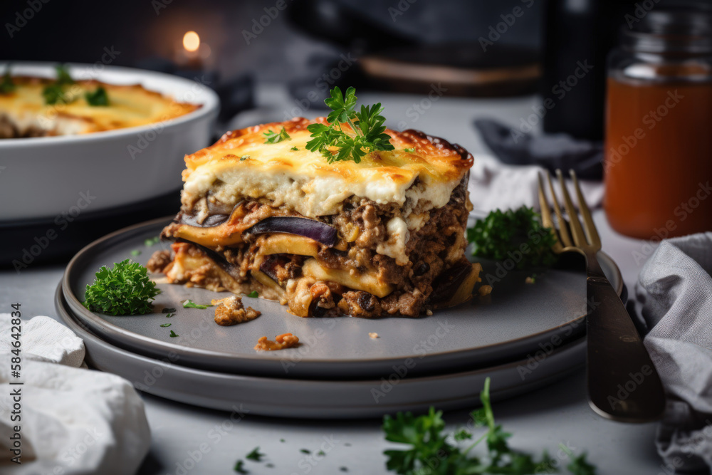 Assiette présentant une part de Moussaka, spécialité culinaire de Grèce, gratin d'aubergine, viande et béchamel avec fromage gratiné au four Assiette présentant une part de Moussaka, spécialité culinaire de Grèce, gratin d'aubergine, viande et béchamel avec fromage gratiné au four