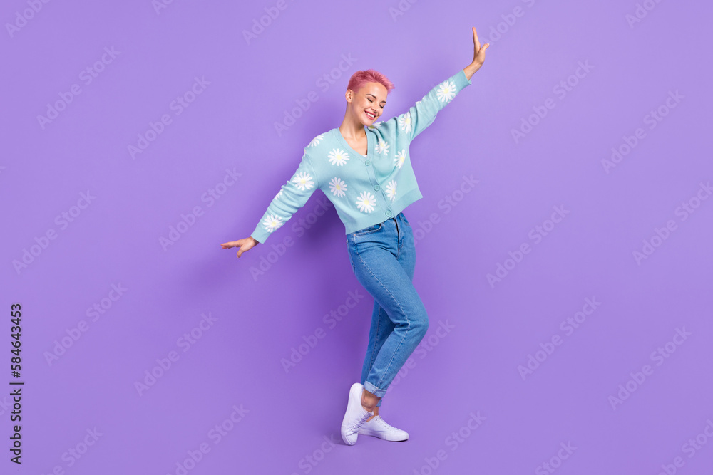 Full body length photo of positive relaxed carefree chill woman pink dyed short hair wings fly satisfied hipster isolated on violet color background