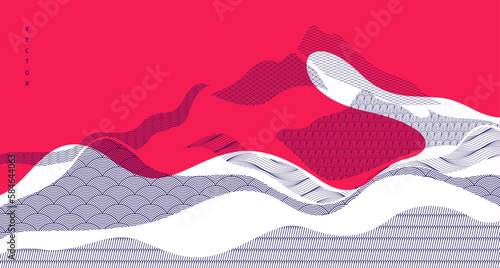 Oriental Japanese style vector abstract illustration in red color, background in Asian traditional style, wavy shapes and mountains terrain, runny like sea lines.