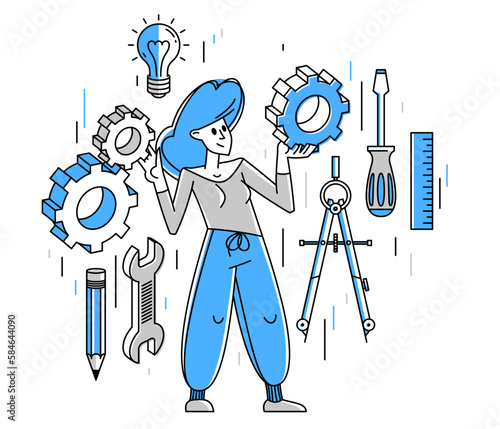 Engineer working on a project, mechanic specialist doing his job on draft plan vector outline illustration, creative inventor, machine repair.