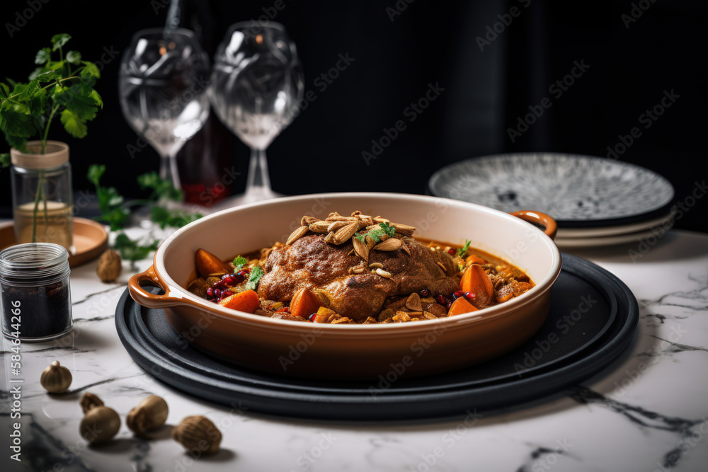 Plat de Tajine au poulet ou à l'agneau, spécialité culinaire du magreb, viande, semoule, légumes, épices, aigre doux Plat de Tajine au poulet ou à l'agneau, spécialité culinaire du magreb, viande, semoule, légumes, épices, aigre doux