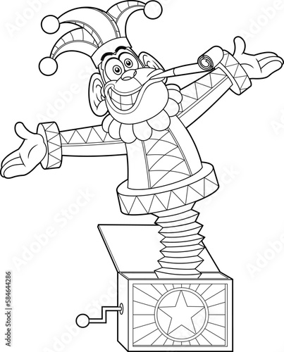 Outlined Funny Jolly Jester Monkey Toy Cartoon Character Exit From Surprise Box. Vector Hand Drawn Illustration Isolated On Transparent Background