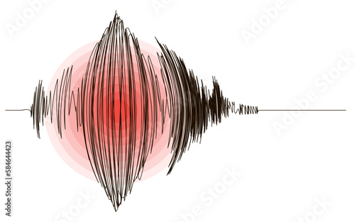 Black seismogram of earthquake with red circles. Seismic activity or audio wave diagram. Ground motion, volcano eruption. Polygraph or seismograph chart. Vector illustration. Lie detector record