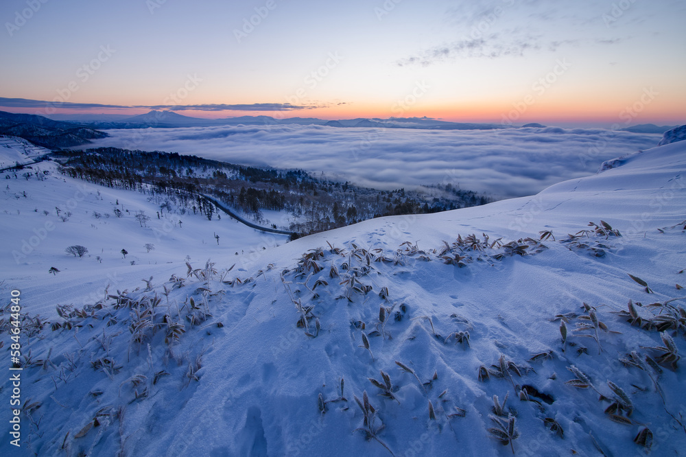 雪に覆われた斜面の下に雲海が広がる冬の夜明け。日本の北海道の美幌峠の風景
