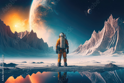 Astronaut on frozen planet looking at sky, space fantasy. Generative AI