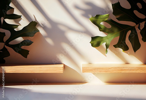 Empty wooden shelf over on baige wall background with leaves and shadows, AI Generated photo