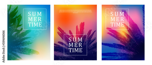 Tropical coconut palm leaves cards with colorful backgrounds. Text frame