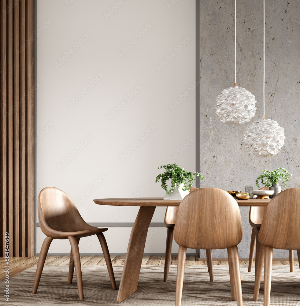 Interior of modern dining room, dining table and wooden chairs in room with concrete wall. Home