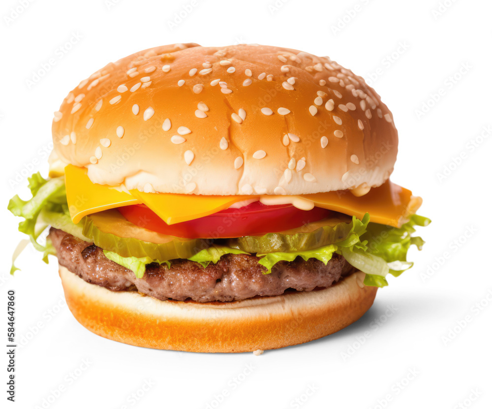 A Delicious Burger on white background - Generative AI A Delicious Burger on white background - Generative AI