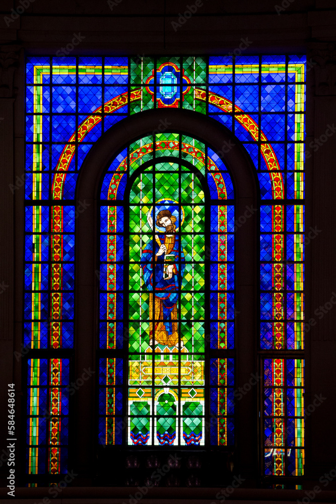 Basilica of Our Lady of Peace, a Roman catholic minor basilica in Yamoussoukro, the administrative capital of Cote d'Ivoire (Ivory Coast). Stained glass.