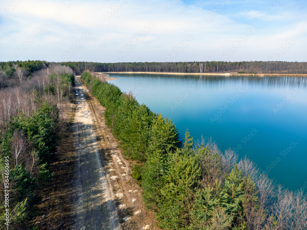 Aerial view landscape. View of the sea, pond. Wild beach, road by the water.