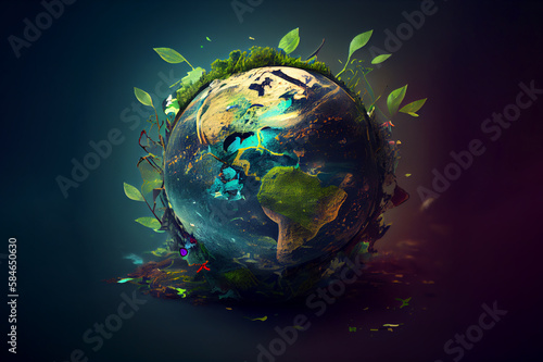 World environment and mother earth day concept with globe and eco friendly environment. Green world globe with natural green background  Generative AI  