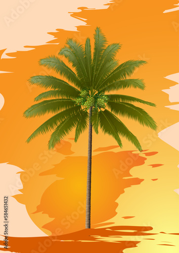 Palm tree and summer vacation. Vector illustration of a palm tree on a sandy seashore. Sketch for creativity.