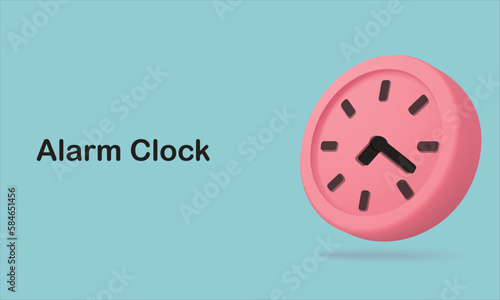3d alarm clock on pastel light background. Pink watch minimal design concept of time. 3d clock vector rendering in isolated light background. 3d alarm for watch hour and minute