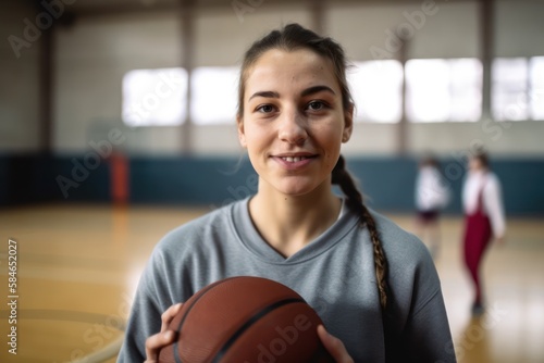 Young female basketball coach smiling in school gym. Photo generative AI © pixardi