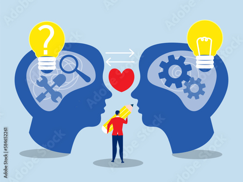 Design thinking process, idea thinking head and development brainstorming creativity project and research creative pursuit learning flat design graphic vector illustration