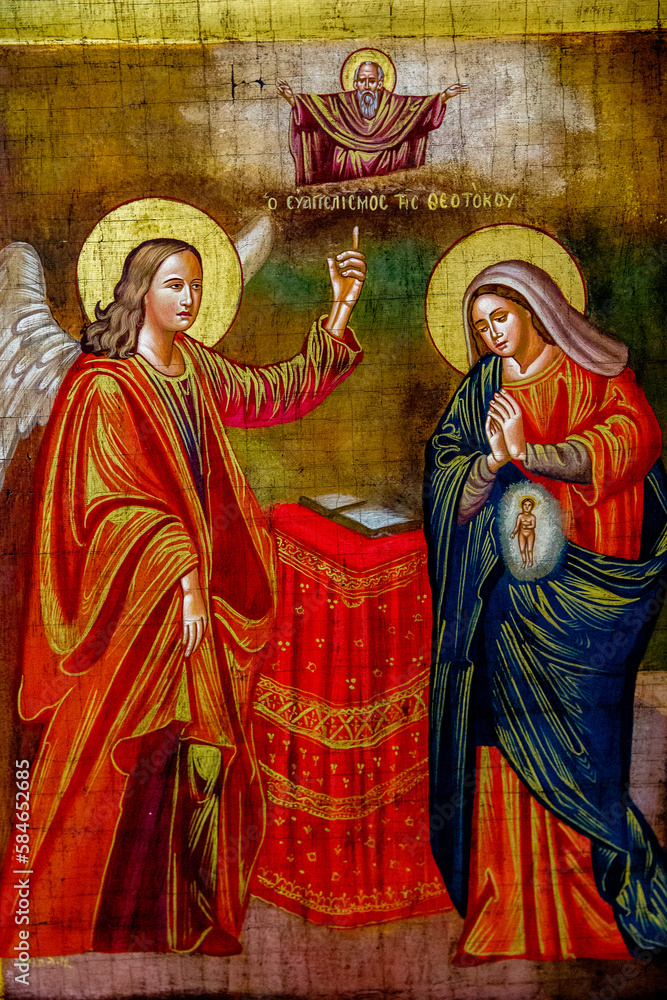 Painting in the Greek orthodox church of the Annunciation, Nazareth, Israel. The Annunciation.