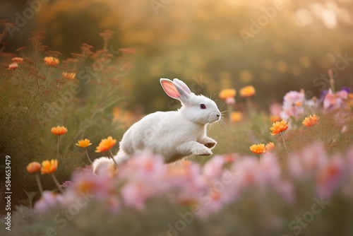 Whimsical Easter Bunny Leaving a Trail of Pastel-Colored Flowers