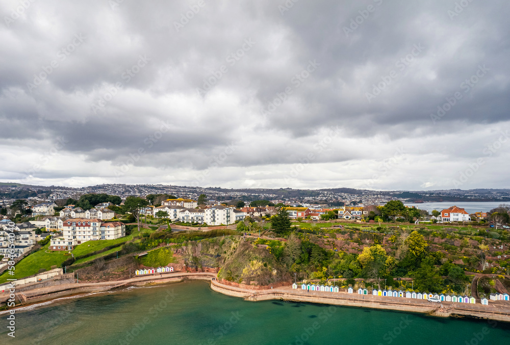Aerial view of Roundham Head and Goodrington Promenade from a drone, Paignton, Devon, England