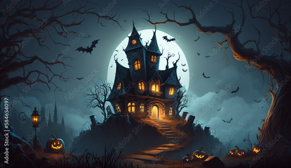 Page De Garde Halloween Halloween night with a spooky house and bats, halloween background
