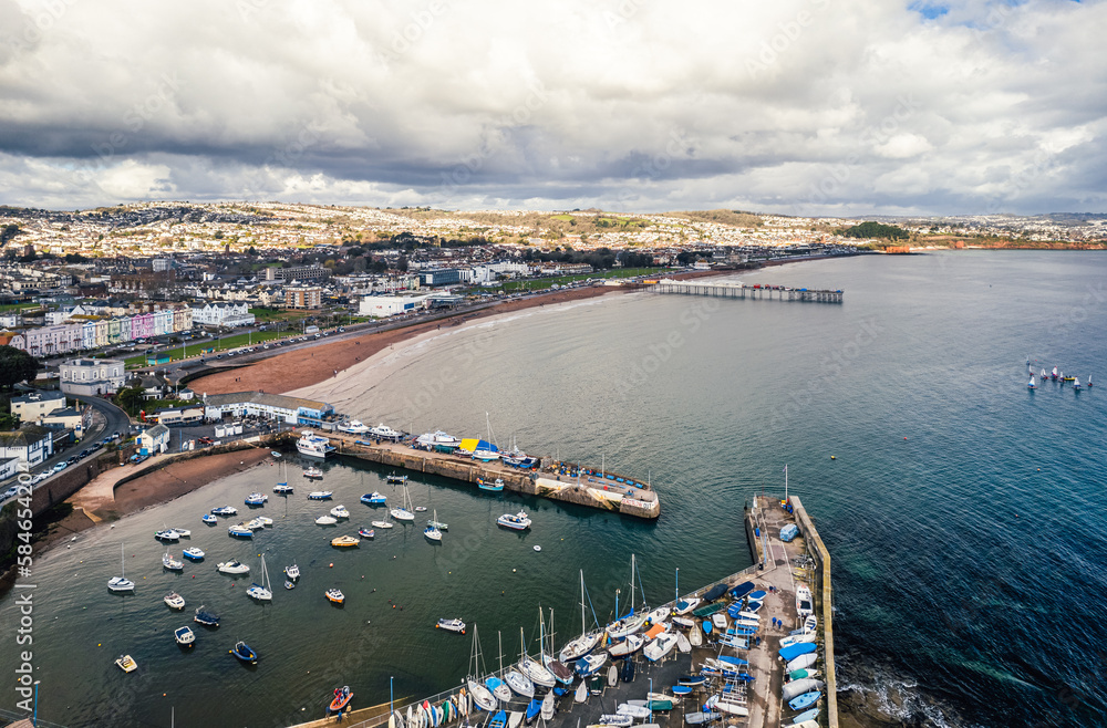 Aerial view of Paignton Harbour and South Quay from a drone, Paignton, Devon, England, Europe