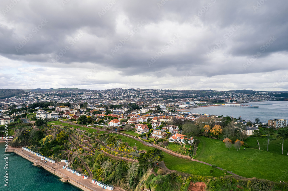 Aerial view of Roundham Head and Goodrington Promenade from a drone, Paignton, Devon, England