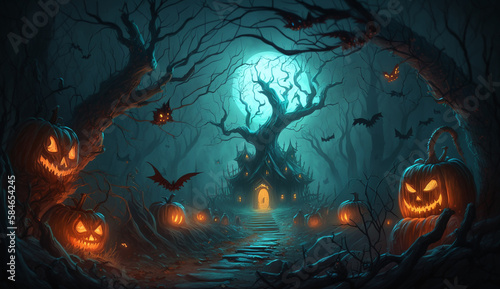 Halloween night with a spooky house and bats, halloween background.
