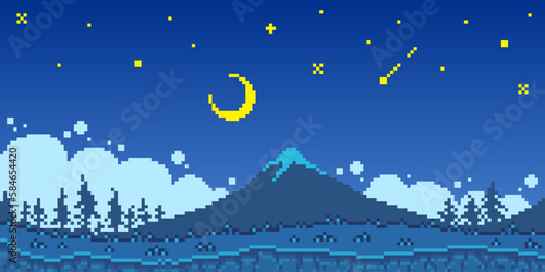 Colorful simple vector pixel art horizontal illustration of night over mountain snowy peak in the style of retro platformer video game level