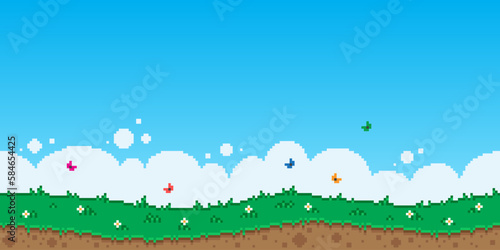 Colorful simple vector pixel art horizontal illustration of summer landscape of butterflies fluttering above daisies in the style of retro platformer video game level