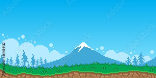 Colorful simple vector pixel art horizontal illustration of daylight over mountain snowy peak, fir trees and green grass in the style of retro platformer video game level