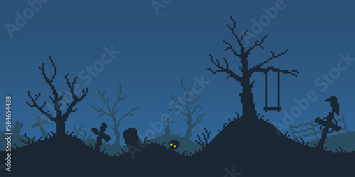 Colorful simple vector pixel art horizontal illustration of cemetery, graves, dry tree with a childrens swing in the style of retro platformer video game level. Cartoon spooky halloween cemetery