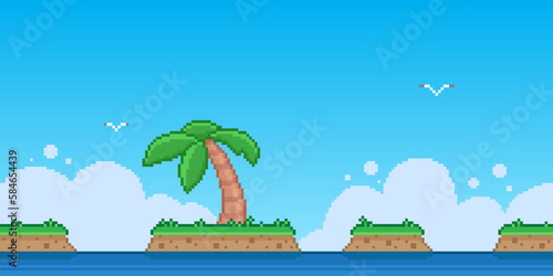 Colorful simple vector pixel art horizontal illustration of landscape of palm tree and separate islands in the style of retro platformer video game level