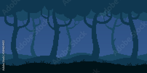 Colorful simple vector pixel art horizontal illustration of dark forest in the style of retro platformer video game level