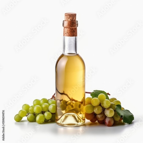 A bottle of white wine with grapes on the side. The bottle is made of glass and has a cork on the top with fresh green grapes on a white background.