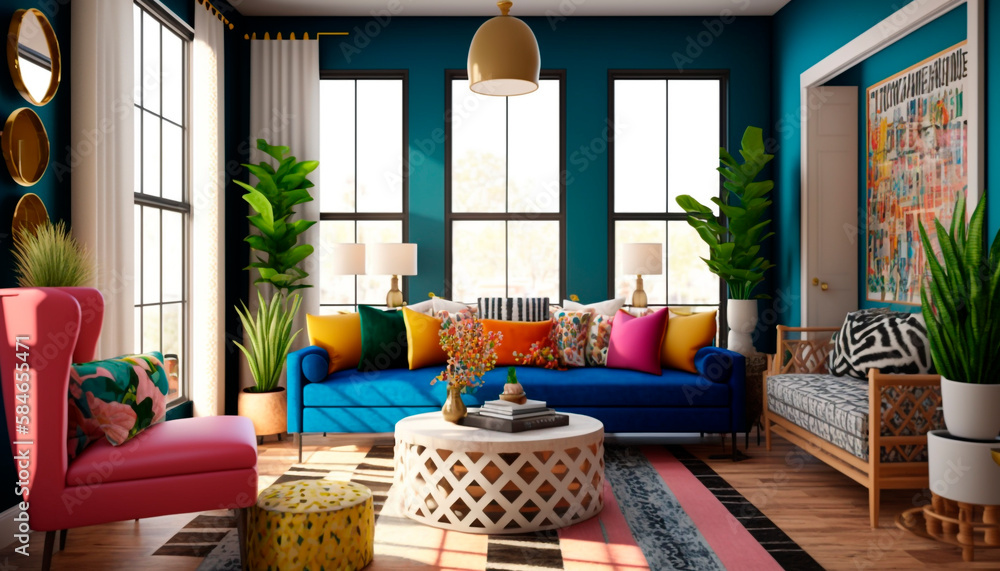 Fototapeta premium A living room with a bold, colorful aesthetic with cheerful walls and vibrant furniture, generative ai