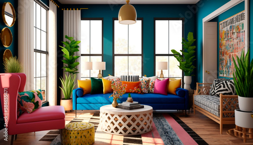 A living room with a bold, colorful aesthetic with cheerful walls and vibrant furniture, generative ai