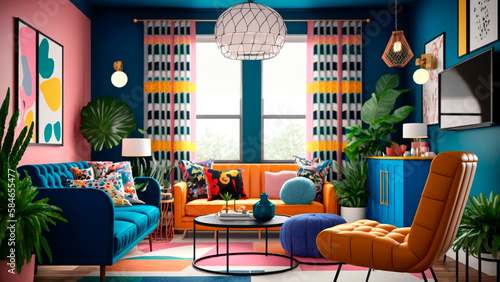 Wallpaper Mural A living room with a bold, colorful aesthetic with cheerful walls and vibrant furniture, generative ai Torontodigital.ca