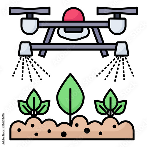 agricultural drone in a field performing the task of crop spraying Concept Vector Icon Design, Smart farming symbol, e-agriculture Sign, digital agricultural revolution stock illustration