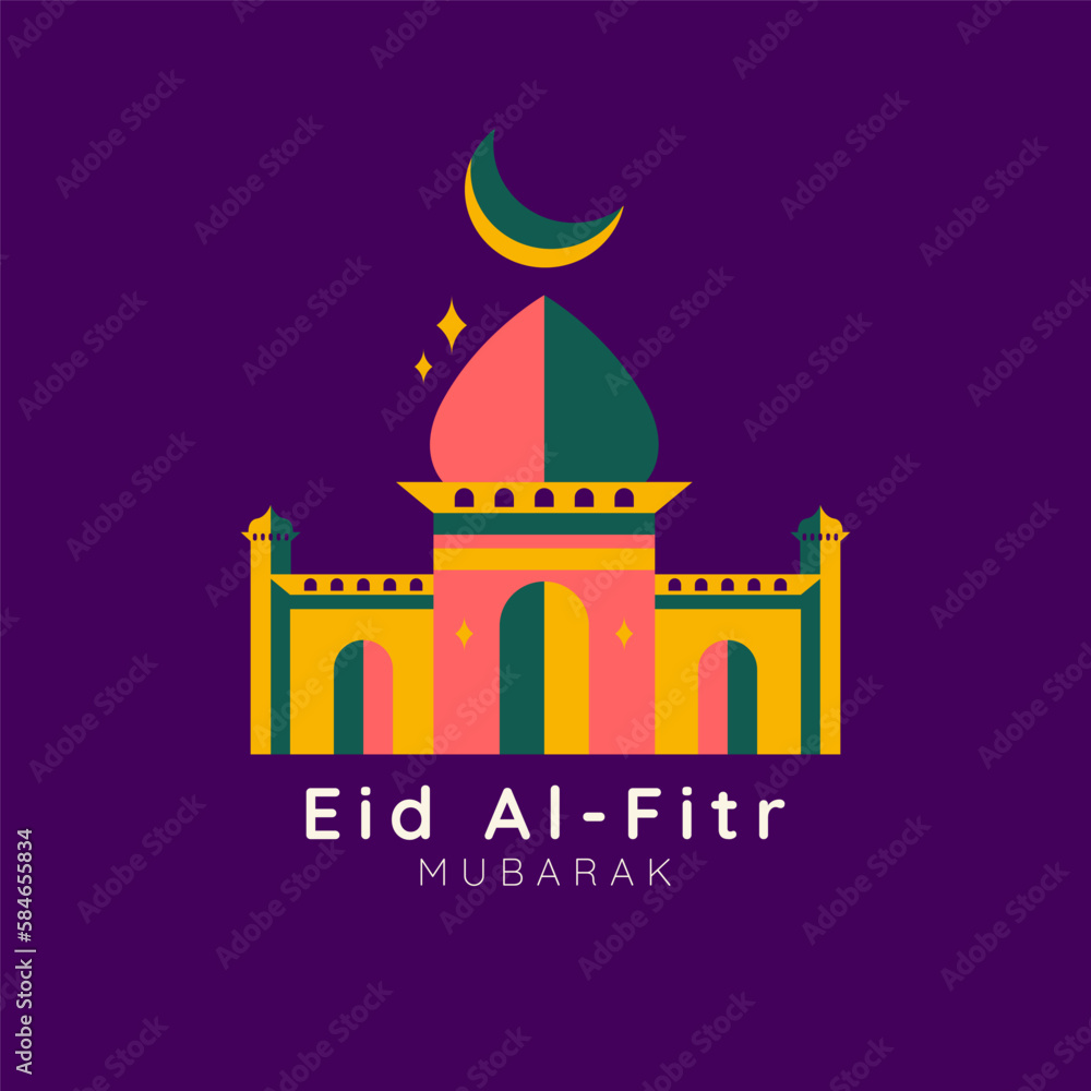 Eid Al-Fitr. greeting card with vintage style colorful mosque on purple background