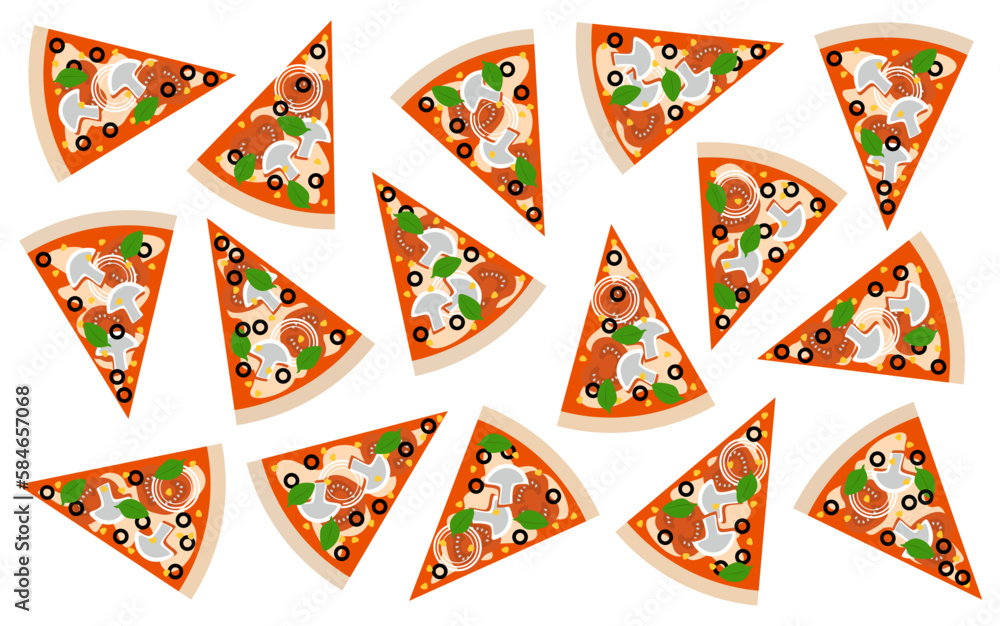 Pattern background made of top view of pizza pieces on white background Pattern background made of top view of pizza pieces on white background
