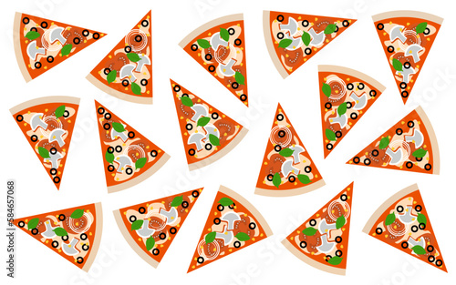 Pattern background made of top view of pizza pieces on white background