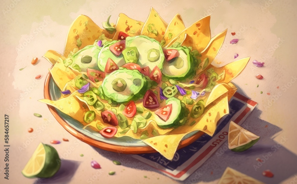 drawn guacamole nachos watercolor traditional Mexican cuisine healthy organic food illustrations Generative AI