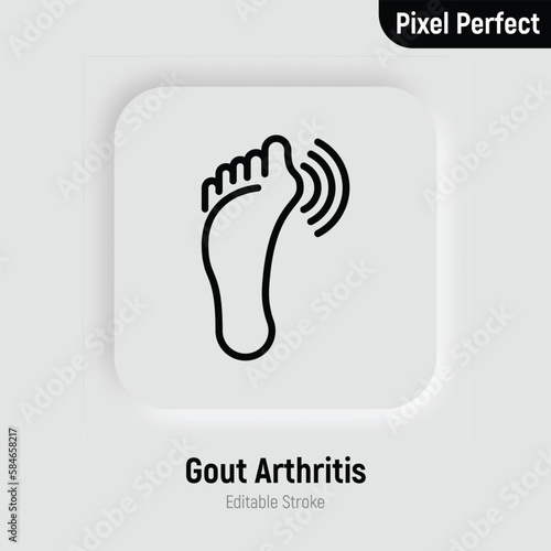 Gout arthritis on foot, joint inflammation thin line icon. Osteoarthritis. Pixel perfect, editable stroke. Vector illustration.