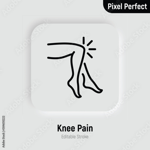 Knee pain, arthritis symptom thin line icon. Joint inflammation. Pixel perfect, editable stroke. Vector illustration.