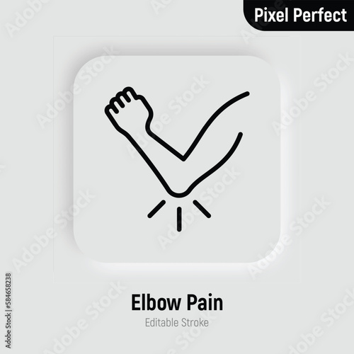Elbow pain, arthritis symptom thin line icon. Joint inflammation. Pixel perfect, editable stroke. Vector illustration.