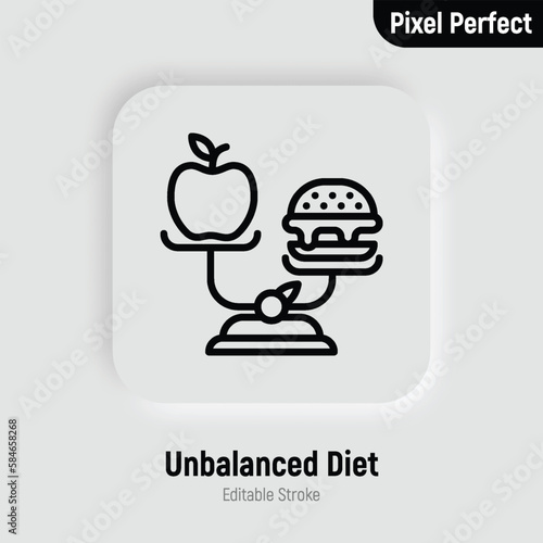 Unbalanced diet: scales with hamburger and apple. Unhealthy food. Pixel perfect, editable stroke. Vector illustration.