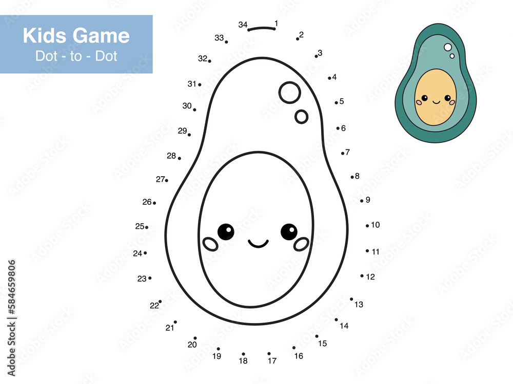 Number puzzle game. Dot to dot. Cute kawaii avocado with funny face ...